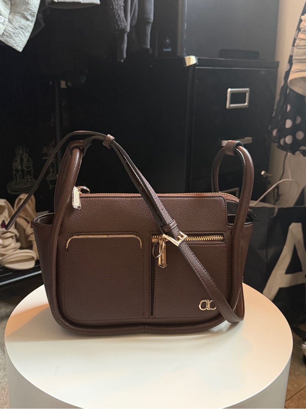 Structured Chocolate Brown Shoulder Bag with Gold Accents